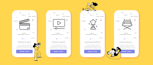 电影行业的标志。拍板，看电影，播放按钮，明星，奖项，奖杯，导演椅。艺术的概念。UI手机应用程序屏幕。矢量线图标的业务和广告图片下载