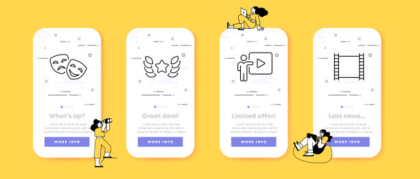 电影行业的标志。表演，男演员，女演员，面具，奖项，奖杯，明星，手表，播放按钮，首映，电影。艺术的概念。UI手机应用程序屏幕。矢量线图标的业务和广告图片下载