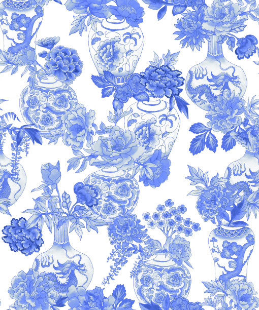 蓝色的中国花瓶，插着一束菊花，牡丹，玫瑰。无缝图案，用水彩画传统东方符号图片下载