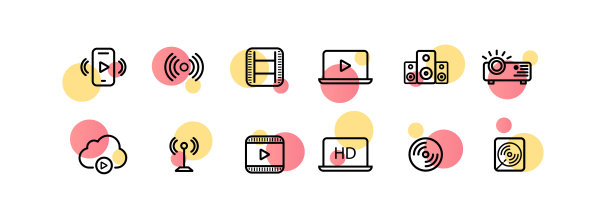 电影行业的标志。观看视频，wifi，电影，笔记本电脑，在线，系列，电影，声音，投影仪，云存储，高清质量，投影仪。艺术的概念。矢量线图标的业务和广告图片下载