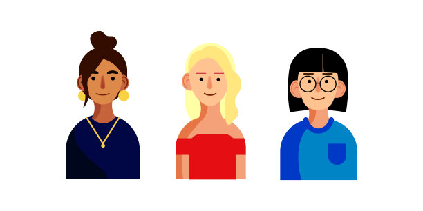 三个人的矢量插图。一个挽着发髻的女孩穿着蓝色晚礼服，脖子上挂着一个大奖章，一个金发碧眼的女孩穿着红色的舞会礼服，一个戴眼镜的女孩穿着蓝色夹克，书呆子。画的风格图片下载