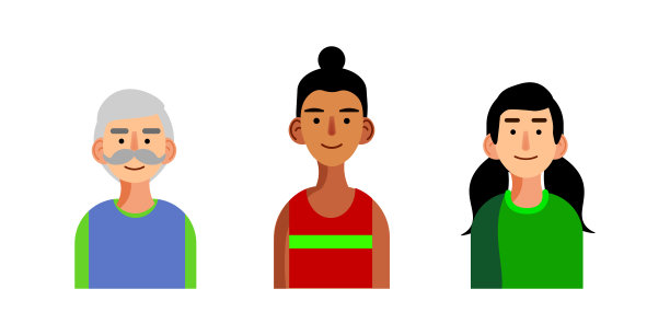 三个人的矢量插图。爷爷，一个穿着蓝色背心和绿色t恤的老人，一个扎着圆发髻的女孩穿着红色t恤，一个扎着马尾辫的女孩穿着绿色夹克。画的风格。图片下载