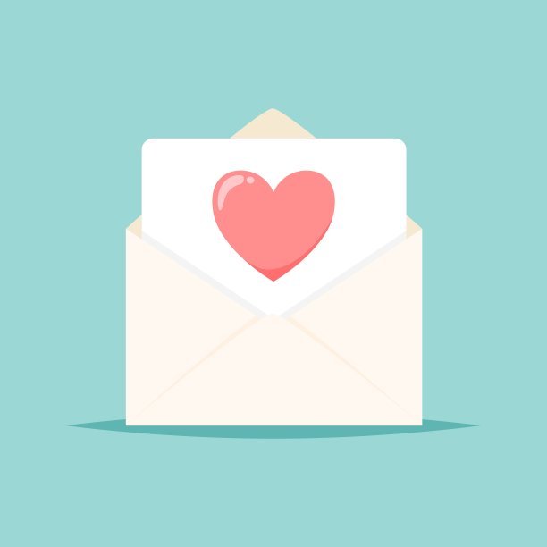 信封的心。爱的邮件，情人节祝福。可爱的矢量插图在平面卡通风格图片下载