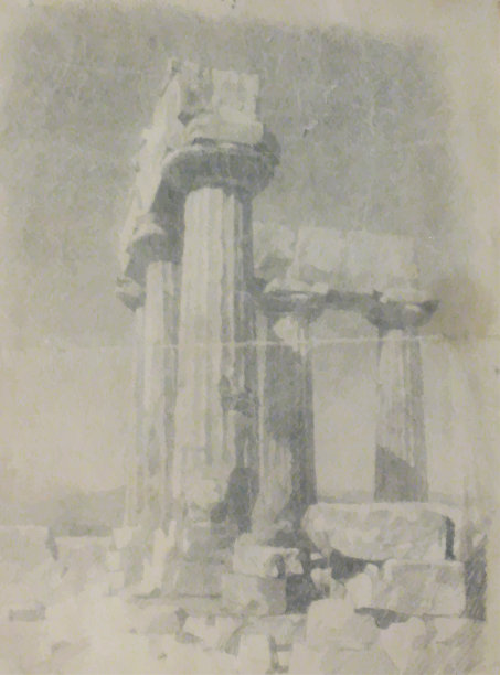 科林斯的阿波罗神庙。一座古希腊神庙的遗迹。矢量绘图，手绘复古插画图片下载