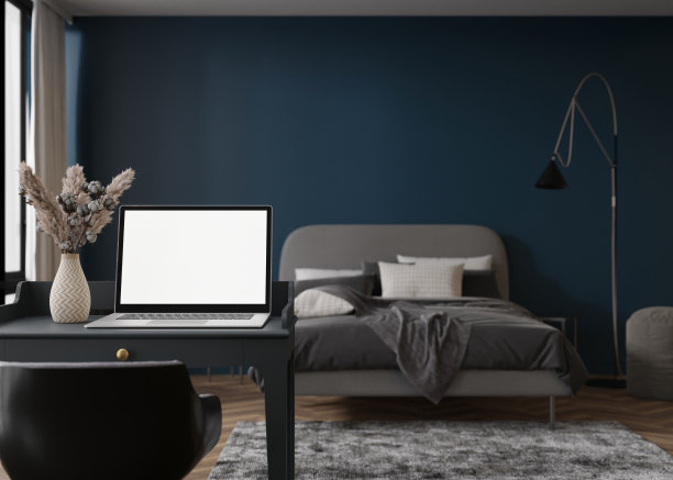 笔记本电脑黑白屏幕，放在家里的木桌上。计算机模拟。免费，复制空间的应用程序，游戏，网站展示。空的笔记本电脑屏幕准备好你的设计。现代的室内。3 d渲染。图片下载