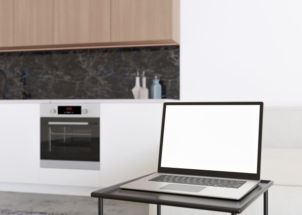 笔记本电脑，黑白屏幕，在家里的黑色桌子上。计算机模拟。免费，复制空间的应用程序，游戏，网站展示。空的笔记本电脑屏幕准备好你的设计。现代的室内。3 d渲染。图片下载