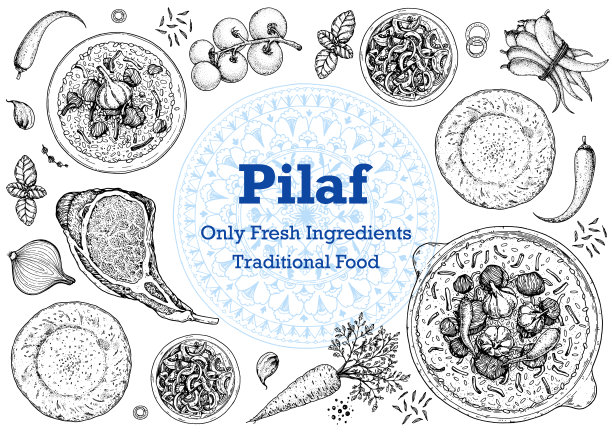 抓饭烹饪和抓饭食材，素描插图。中东菜架。乌兹别克美食，设计元素。手绘、包装设计。阿拉伯食物图片下载