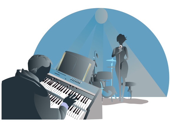 一套音乐设计与音乐家在钢琴和其他乐器上演奏，音乐波，钢琴音符。图片下载