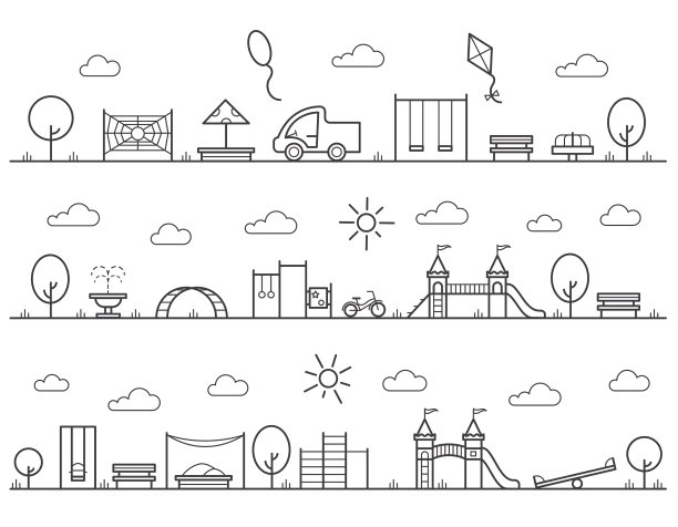 儿童游乐场有秋千、沙盘和长凳图片下载