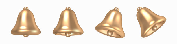 金色的铃铛。倾斜的金色金属钟孤立在白色背景。圣诞节标志，通知，学校，古董钟图标。3D渲染逼真的矢量对象图片下载