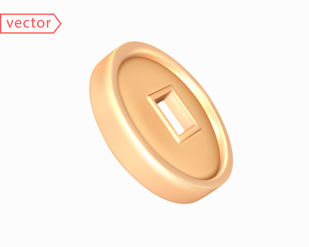 向右转的是中国古代的方形孔金币。中国传统装饰。逼真的3D动作捕捉设计元素。物体被隔离在白色背景中。矢量对象图片下载