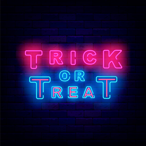 不给糖就捣蛋的霓虹灯。万圣节快乐招牌。简单的粉色的文本。向量股票插图图片下载