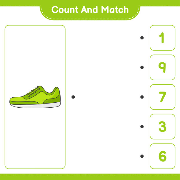 计数和匹配，计数球鞋的数量，并匹配正确的数字。教育儿童游戏，可打印的工作表，矢量插图图片下载