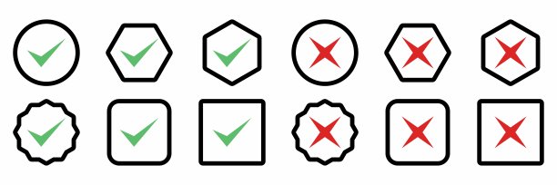 检查和错误标记图标设置，勾选和交叉标记，接受，拒绝，批准，不批准，是，否，对，错，绿色，红色，正确，错误，Ok，不Ok矢量标记符号在绿色和红色。图片下载