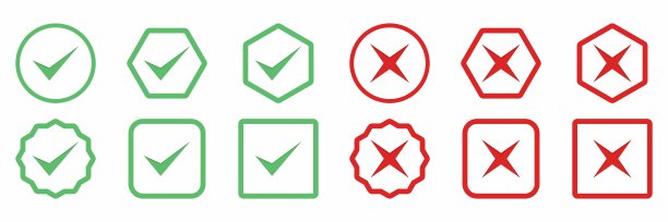 检查和错误标记图标设置，勾选和交叉标记，接受，拒绝，批准，不批准，是，否，对，错，绿色，红色，正确，错误，Ok，不Ok矢量标记符号在绿色和红色。图片下载