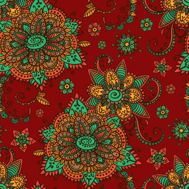 红栗色背景上的波希米亚曼海蒂装饰。海娜曼海蒂迷幻部落图案背景用于印刷、设计、纺织、织物。矢量插图库存插图图片下载