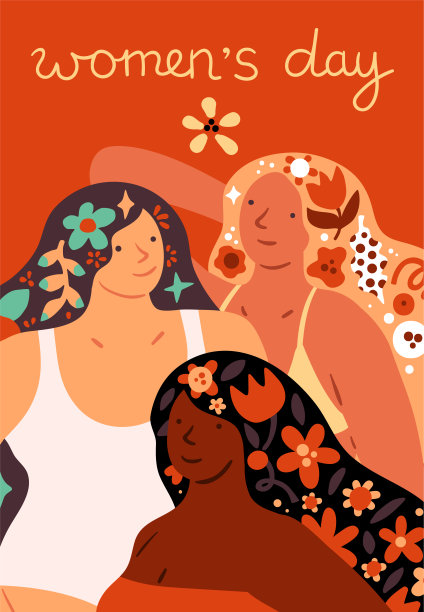国际妇女节海报。美丽的女性肖像。长发配春花。可爱的节日卡片。花朵在发型。多种族的人。Vector March节日横幅图片下载