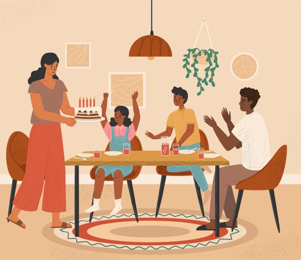 多元文化家庭的孩子过生日。国际家庭概念矢量插图。父亲是黑人，母亲是白人，还有两个混血儿。孩子的生日聚会图片下载