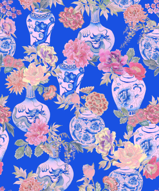 蓝色的中国花瓶，插着一束菊花，牡丹，玫瑰。无缝图案，用水彩画传统东方符号图片下载