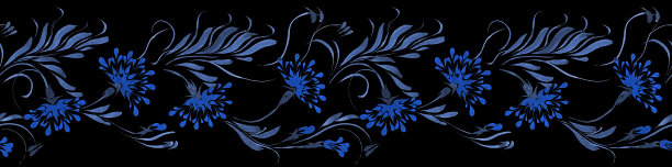 乌克兰民间绘画风格Petrykivka。花卉水彩无缝的边界图案从蓝色的花和叶子在黑色的背景。民族设计图片下载