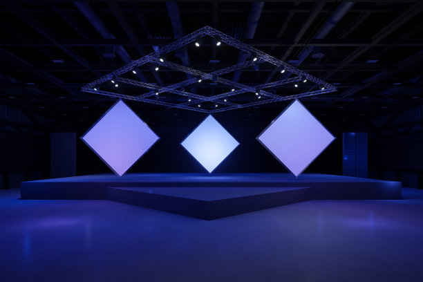 空舞台设计模型和企业形象，展示。大厅的平台元素。图形资源的黑屏系统。现场活动led夜灯登台。3d背景onlineEvent，会议，现场。3渲染。图片下载