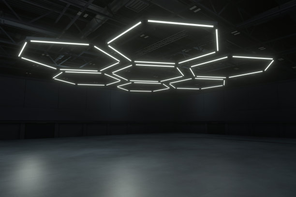 展览中心空无一人。展览摊位、摊位、市场、贸易展览的背景。谈话活动,会议。舞台娱乐、事件、体育。室内的工厂,展厅。3 d渲染。图片下载