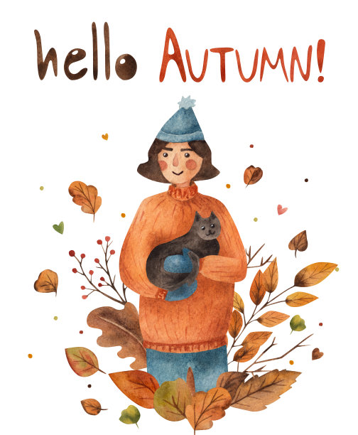 一个女人怀里抱着一只黑猫。秋天的插图。水彩。图片下载