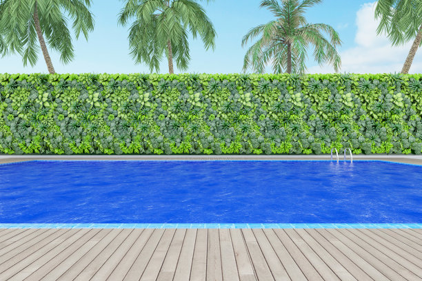 垂直园墙和棕榈树环绕的游泳池图片下载
