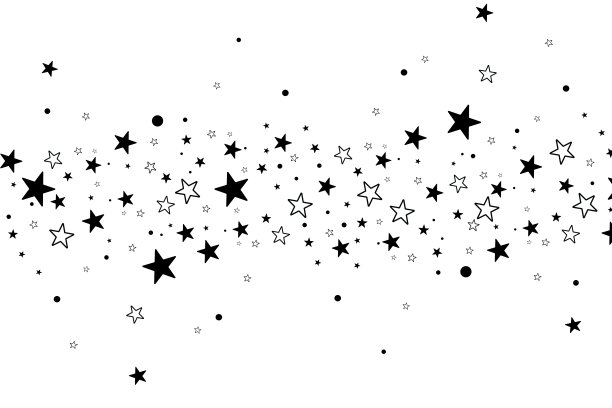 白色背景上的星星。黑色的星星与优雅的星星一起闪耀。流星体，彗星，小行星，恒星。图片下载