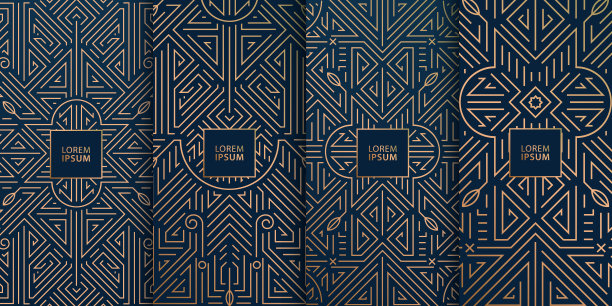 向量集的字母组合设计在时尚复古的线条风格与空间的文字，抽象艺术装饰几何框架，豪华包模板。用于婚礼请柬，封面，卡片，印刷，海报。图片下载