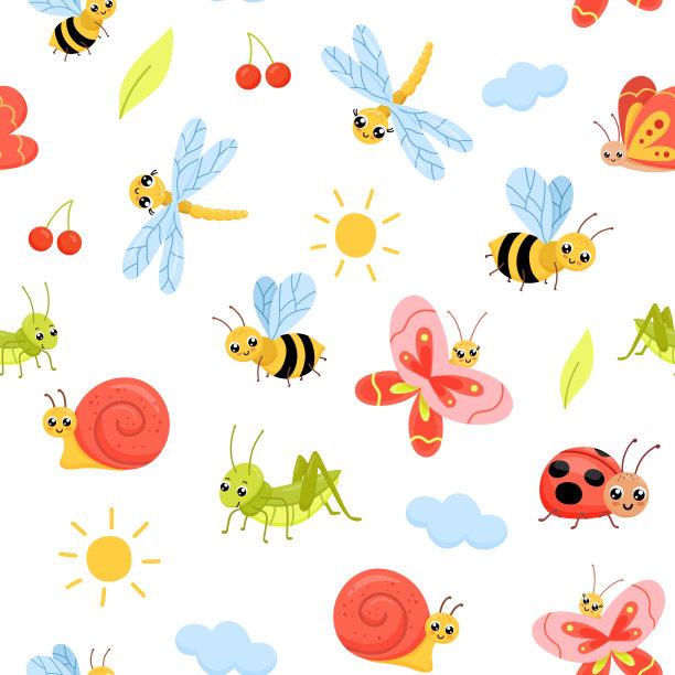 无缝图案与卡通昆虫。可爱的蝴蝶、蚱蜢和蜻蜓。幼稚的矢量插图孤立在白色图片下载