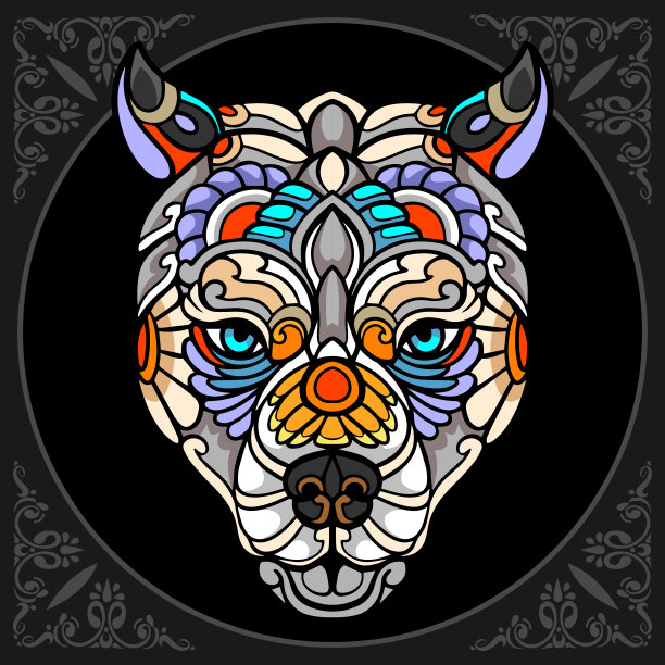 彩色狗头艺术孤立在黑色背景图片下载