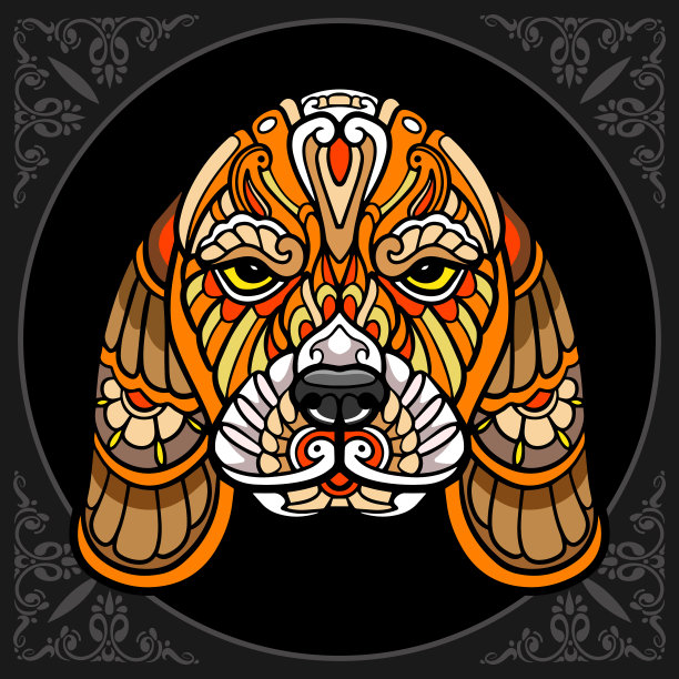 彩色狗头艺术孤立在黑色背景图片下载