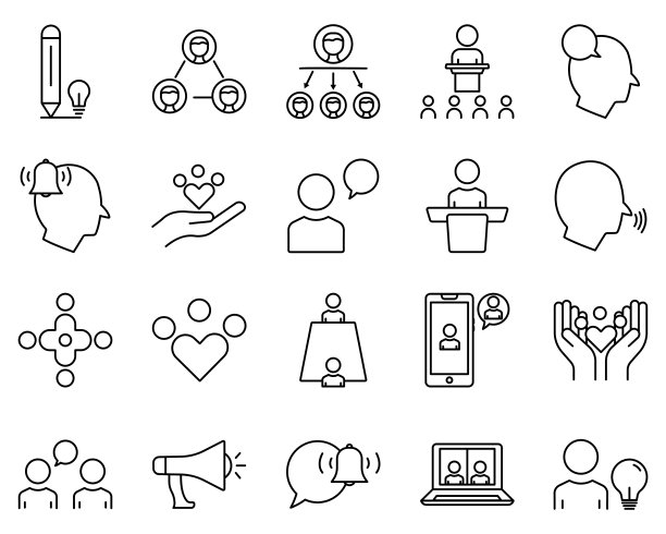 与业务相关的图标设置。包含聊天图标，讲台上的人，网络，讨论，交流等。行图标风格。简单的设计可编辑图片下载