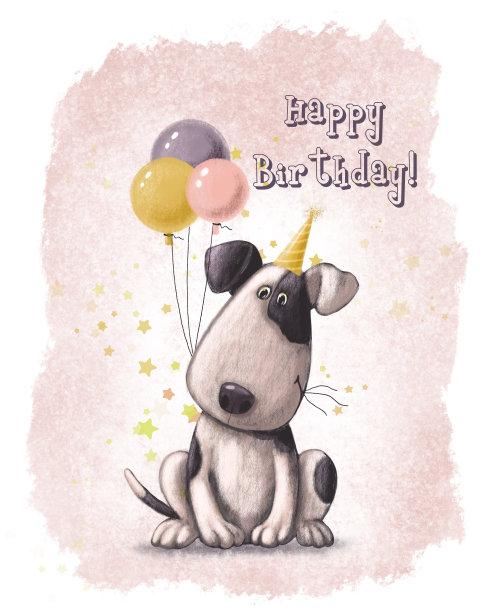 可爱的派对小狗与气球生日贺卡图片下载