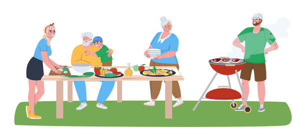 一个人正在烤肉。奶奶摆桌子。女人做饭。爷爷拥抱了一个小男孩。一家人在院子里野餐。家庭的概念。平面向量插图。图片下载