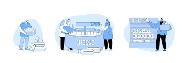 在工厂、机械加工流水线上设置奶酪生产。工人角色在槽中混合原料制作乳制品图片下载
