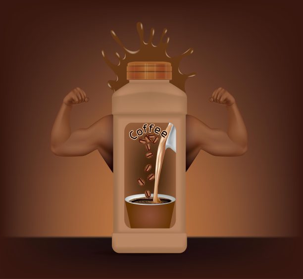 饮用咖啡水和强壮手臂肌肉的包装。说明向量图片下载