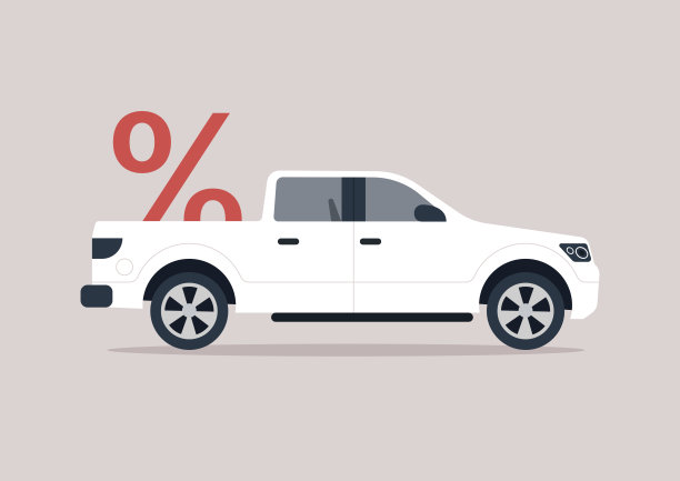 一辆满载着巨大百分比标志的大皮卡的侧视图，这是一个特别的折扣概念图片下载