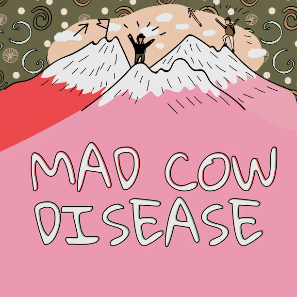 手写标志疯牛病。概念性照片神经退行性致命疾病传染吃肉传达的信息在有雪的山顶上徒步的男人下面。图片下载