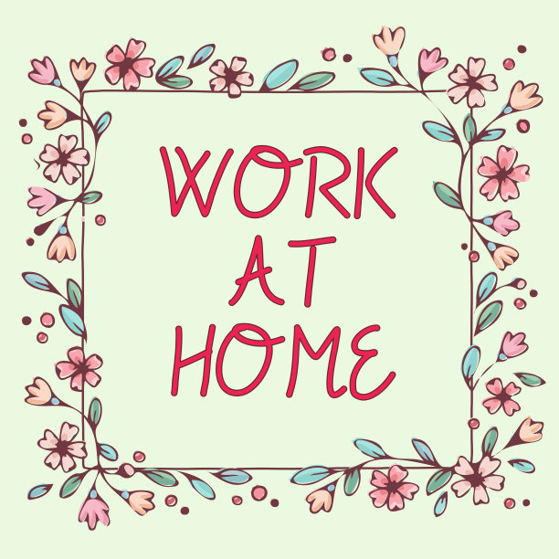 显示在家工作的标志。概念照片自由职业工作在您的房子方便的技术空白框架装饰与抽象的现代化形式花和树叶。图片下载