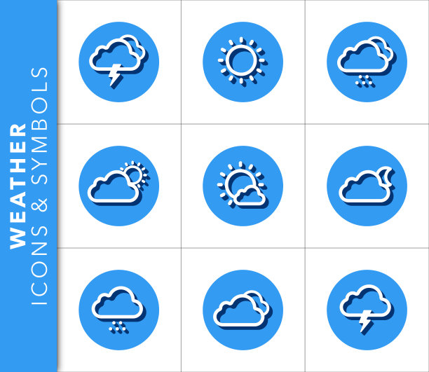 图标和符号设置相关的天气与阴影的蓝色背景。图片下载