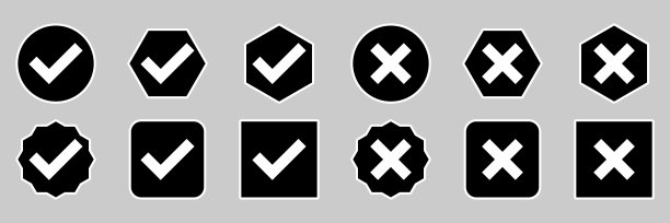 检查和错误标记图标设置，勾选和交叉标记，接受，拒绝，批准，不批准，是，否，正确，错误，正确，错误，确定，不确定矢量标记符号。白色的轮廓设计。图片下载