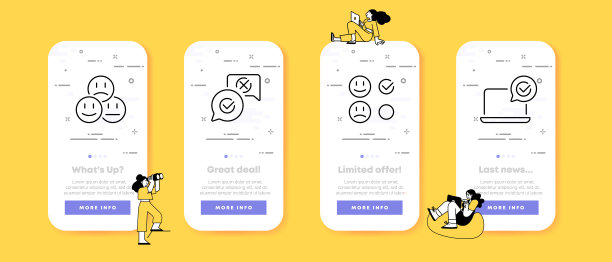 反馈组图标。表情，微笑，悲伤，沮丧，喜欢，不喜欢，交叉，勾选，评论，反应，笔记本电脑，用户。评级的概念。UI手机应用程序屏幕。矢量线图标的业务和广告图片下载