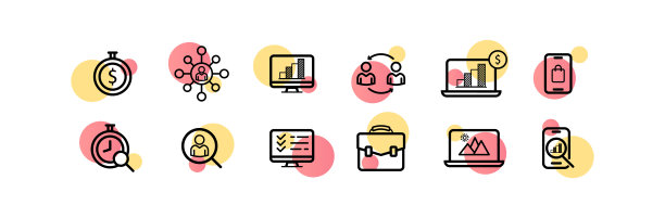 财务管理设置图标。秒表，美元，符号，数据分析，策略，贸易，交易所，放大镜，公文包，笔记本电脑，电话，网上购买。经营理念。矢量线图标的业务图片下载