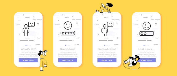 反馈组图标。喜欢，不喜欢，悲伤和微笑的表情，评价星星，评价服务，用户，留下一个反应。通信的概念。UI手机应用程序屏幕。矢量线图标广告图片下载