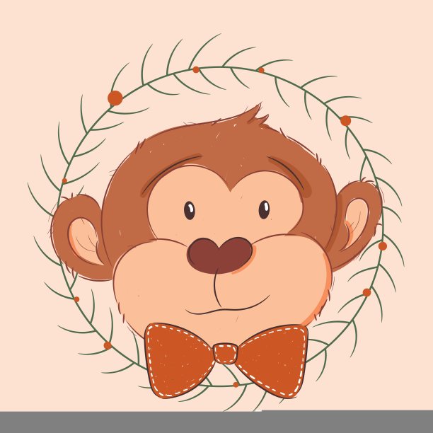 猴子是一个男孩在一个抽象的新年花环。儿童手绘。印刷用的粗糙彩色插图。儿童房间的矢量插图。图片下载