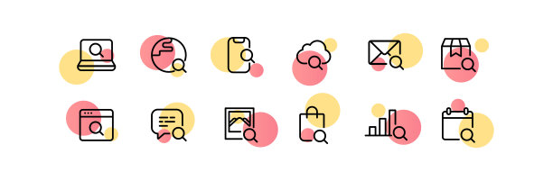 放大镜图标。研究，笔记本电脑，行星，电话，云存储，信件，跟踪包裹，网站，语音气泡，图片，包裹，条形图，日历，冲浪。搜索概念。矢量线图标图片下载