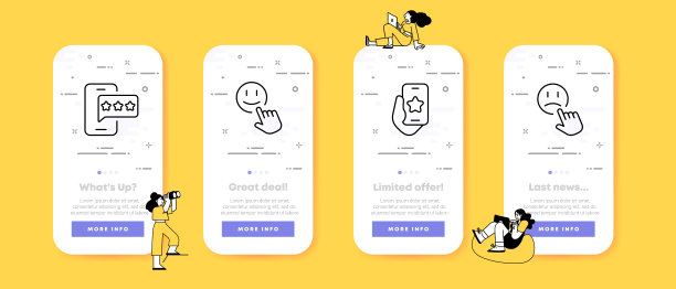 反馈组图标。星星，评论，悲伤和微笑表情，标记，评估，评价服务，用户，电话，手。评级的概念。UI手机应用程序屏幕。矢量线图标的业务和广告图片下载