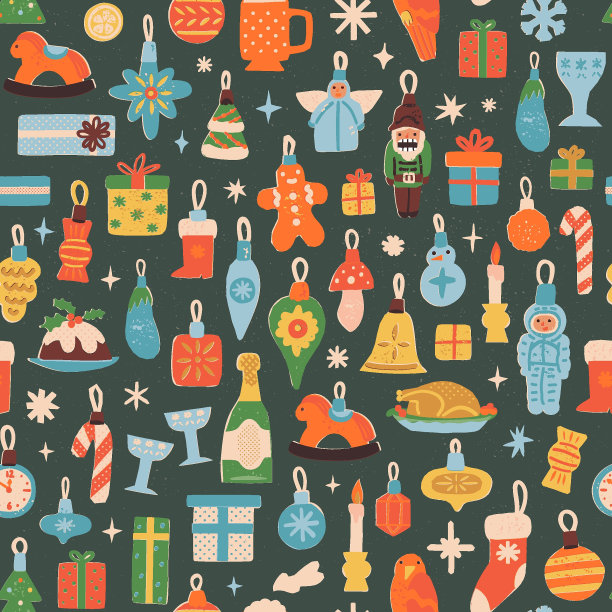 圣诞树复古球，复古小玩意无缝图案。可爱的手绘重复与圣诞或新年夜装饰，符号，圣诞老人小玩意，胡桃夹子玩具，香槟，拐杖糖。图片下载